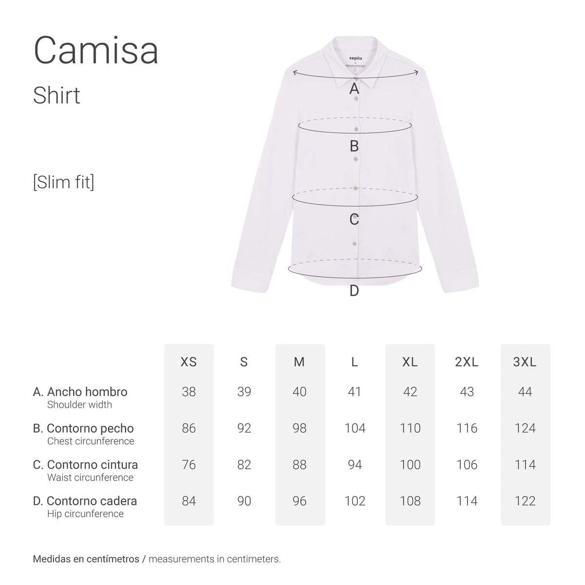 tabla medidas camisa slim