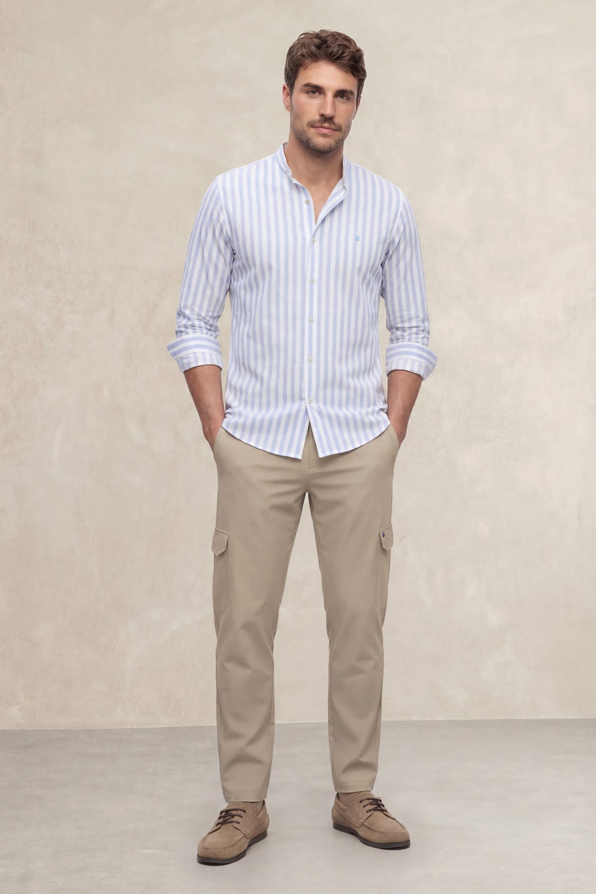 Camisa casual cuello mao hombre estampado rayas azul regular