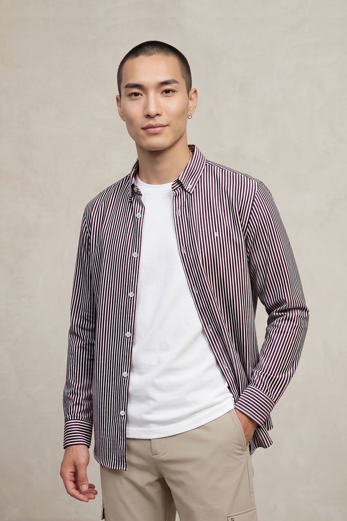 Camisa casual hombre estampado rayas morado regular