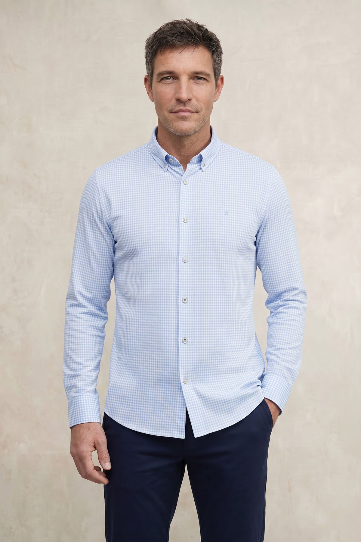 Camisa casual masculina com estampa xadrez azul claro regular