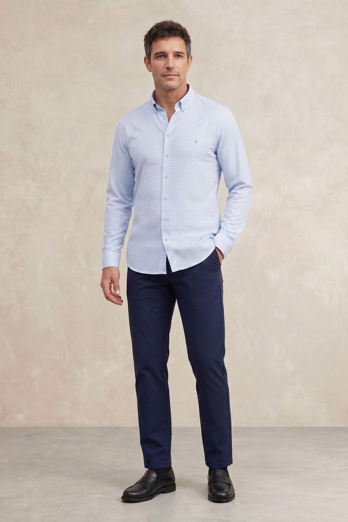 Camisa casual hombre estampado vichy azul regular