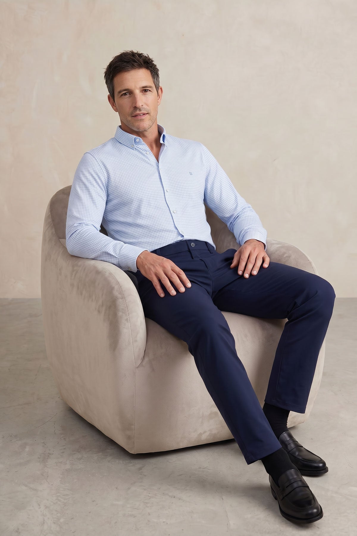 Camisa casual masculina com estampa xadrez azul claro regular