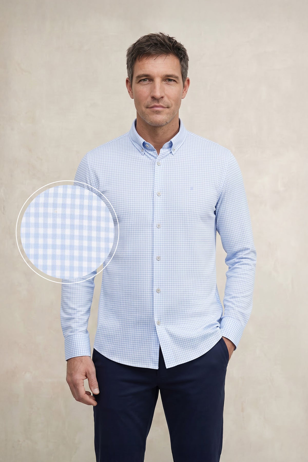 Camisa casual hombre estampado vichy azul regular