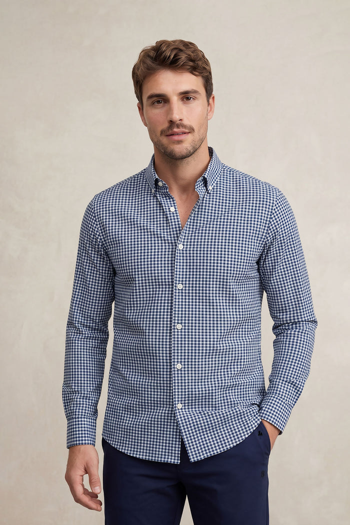 Camisa casual hombre estampado vichy azul marino regular