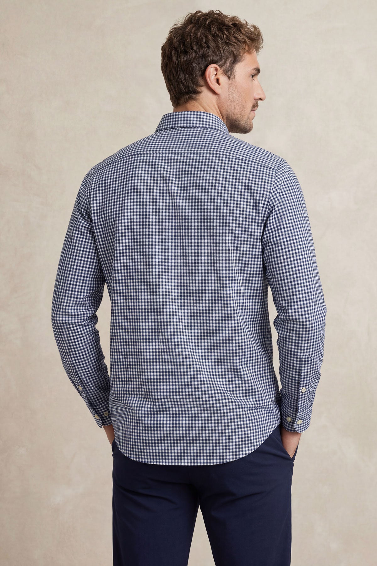 Camisa casual hombre estampado vichy azul marino regular