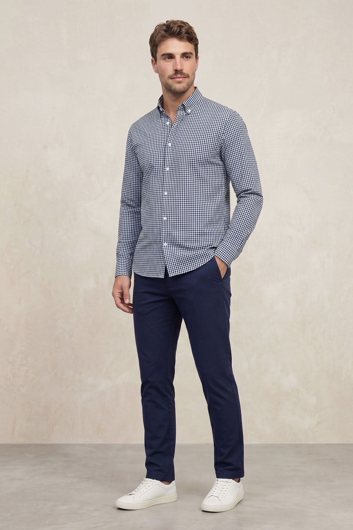 Camisa casual hombre estampado vichy azul marino regular