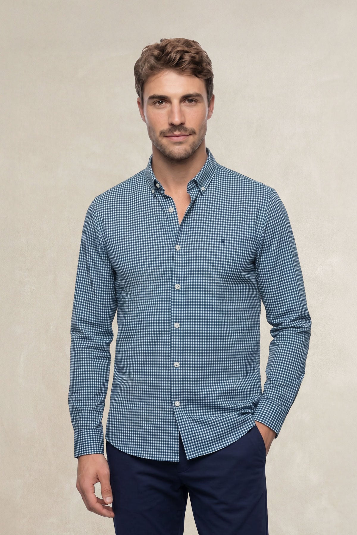 Camisa casual hombre vichy azul tormenta regular