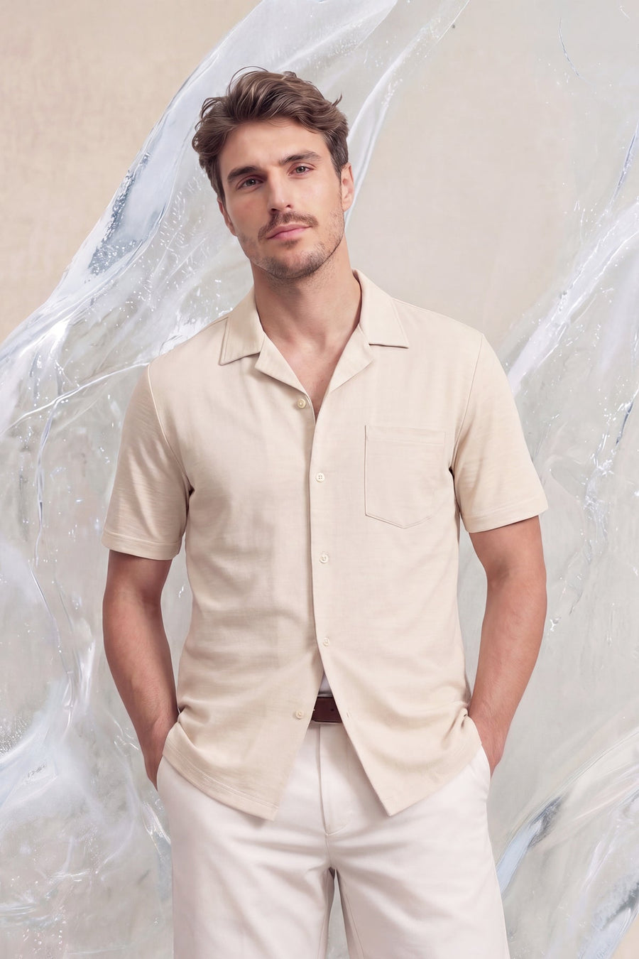 ICE beige melange short-sleeved men's bowling shirt