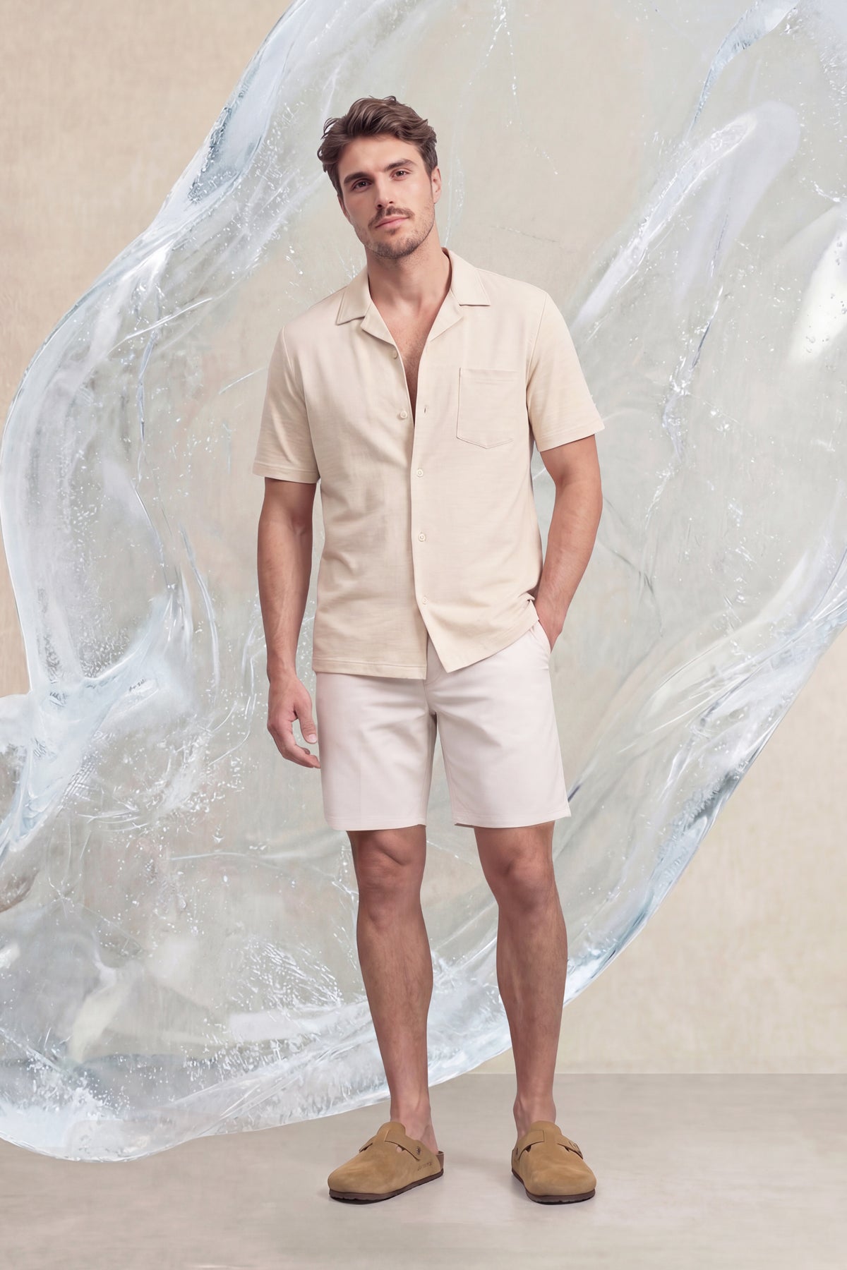 Camisa bowling ICE beige manga corta hombre