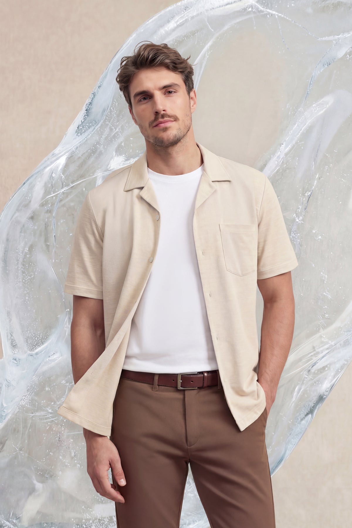 Camisa bowling ICE beige manga corta hombre