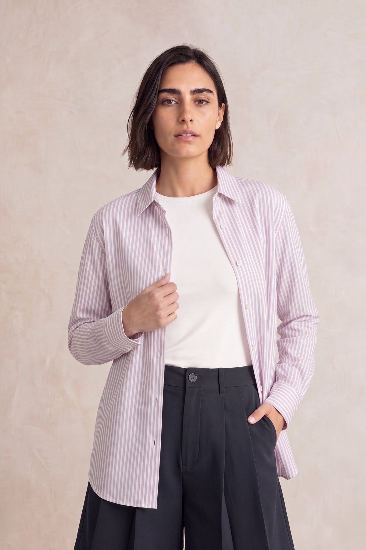 Camisa mujer formal over raya doble tono rosa