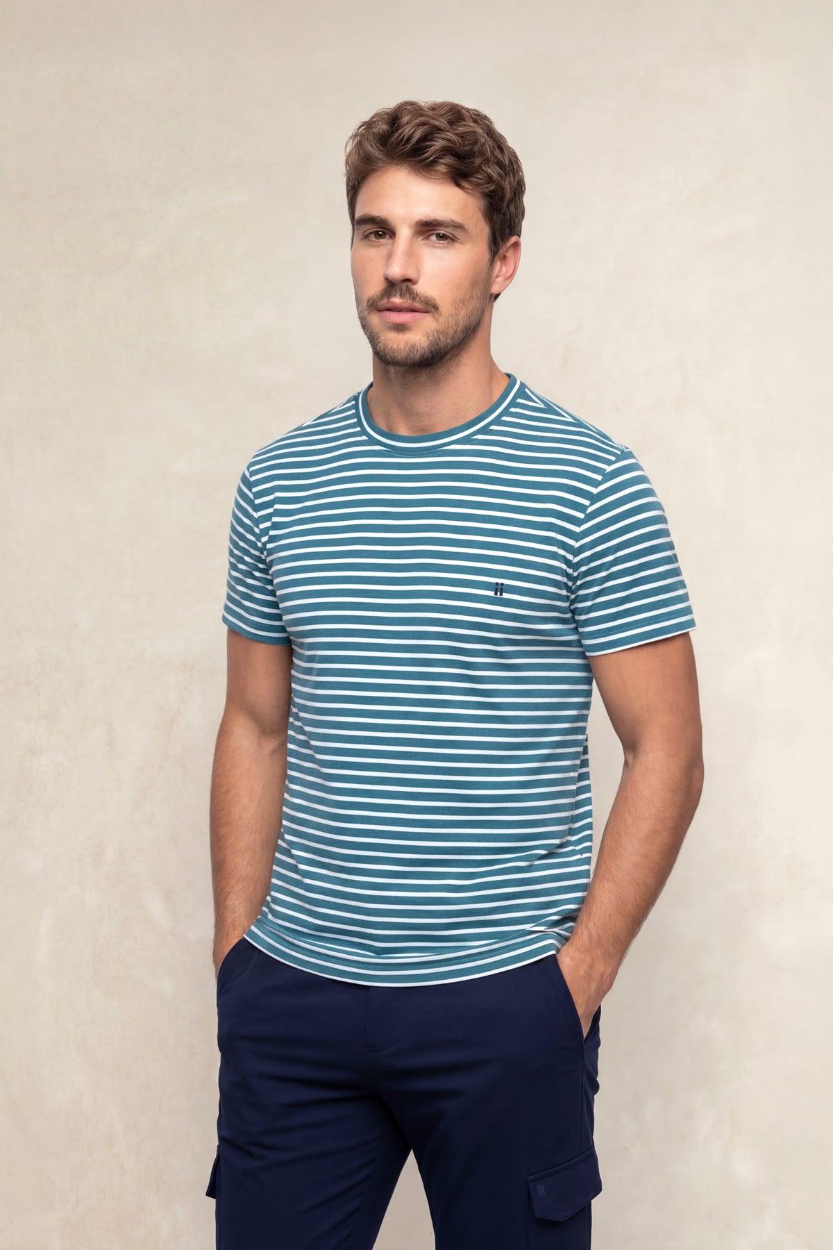 Camiseta hombre cuello redondo estampado rayas azul Soft