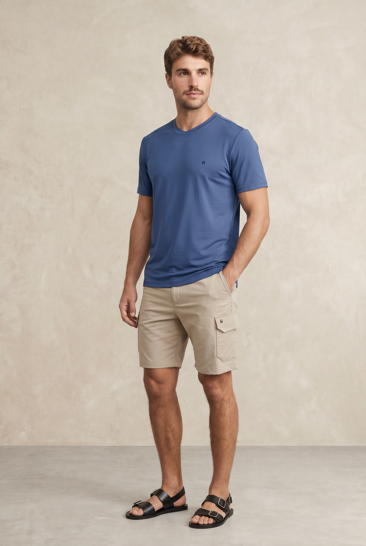 Camiseta hombre cuello v azul Soft