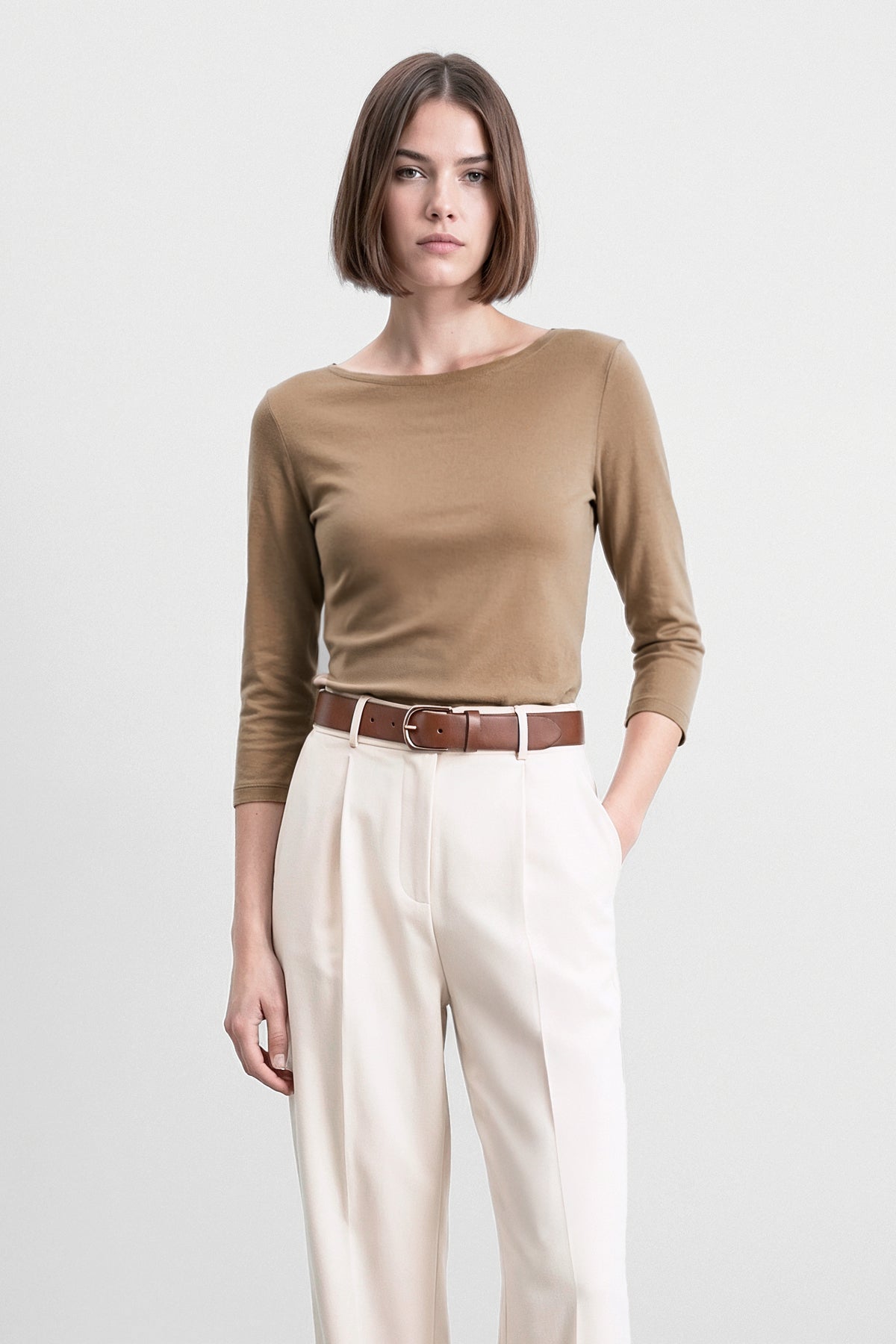 Camiseta mujer cuello barco manga 3/4 oak look frontal