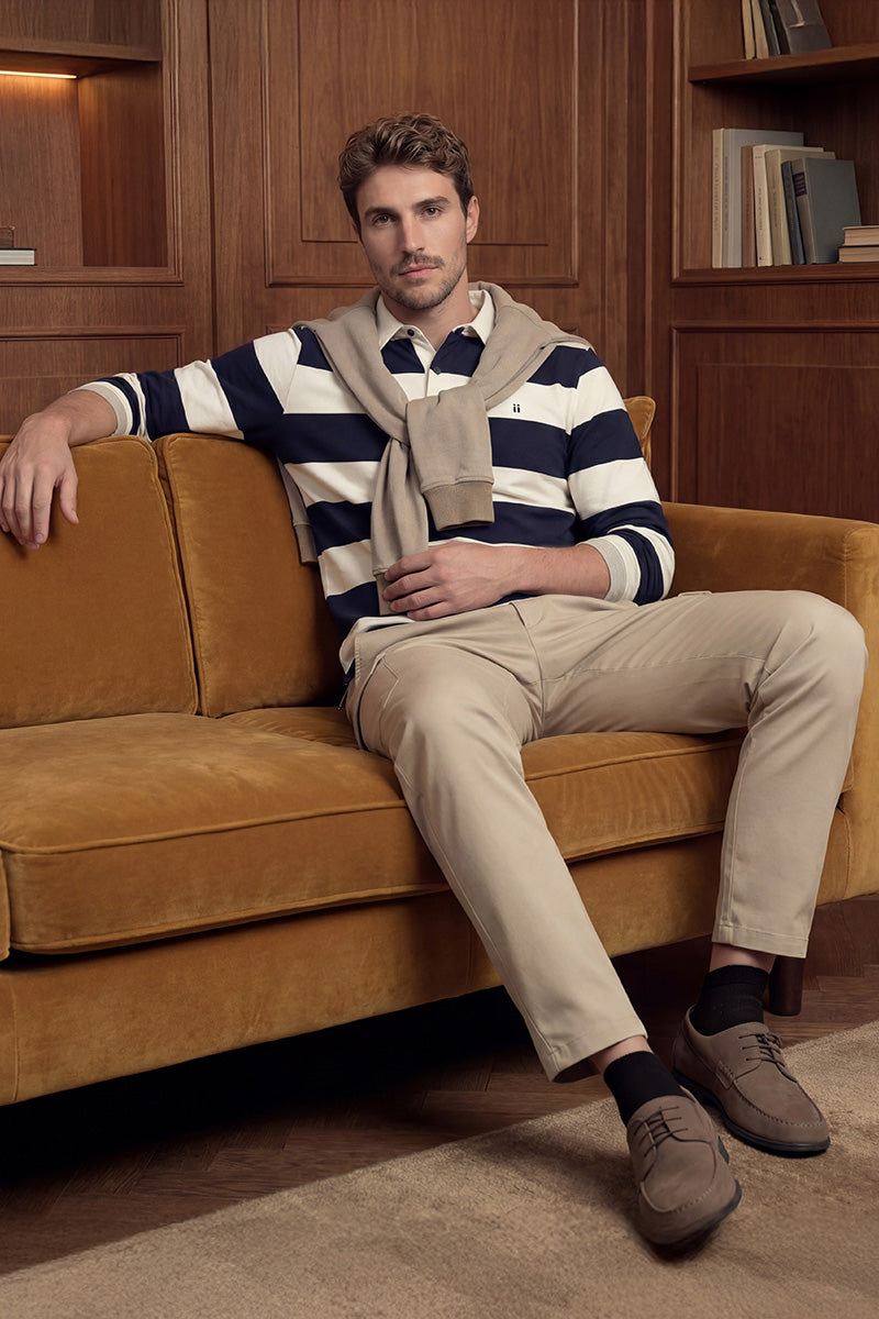 Polo manga larga hombre estampado rayas azul marino outfit inspo