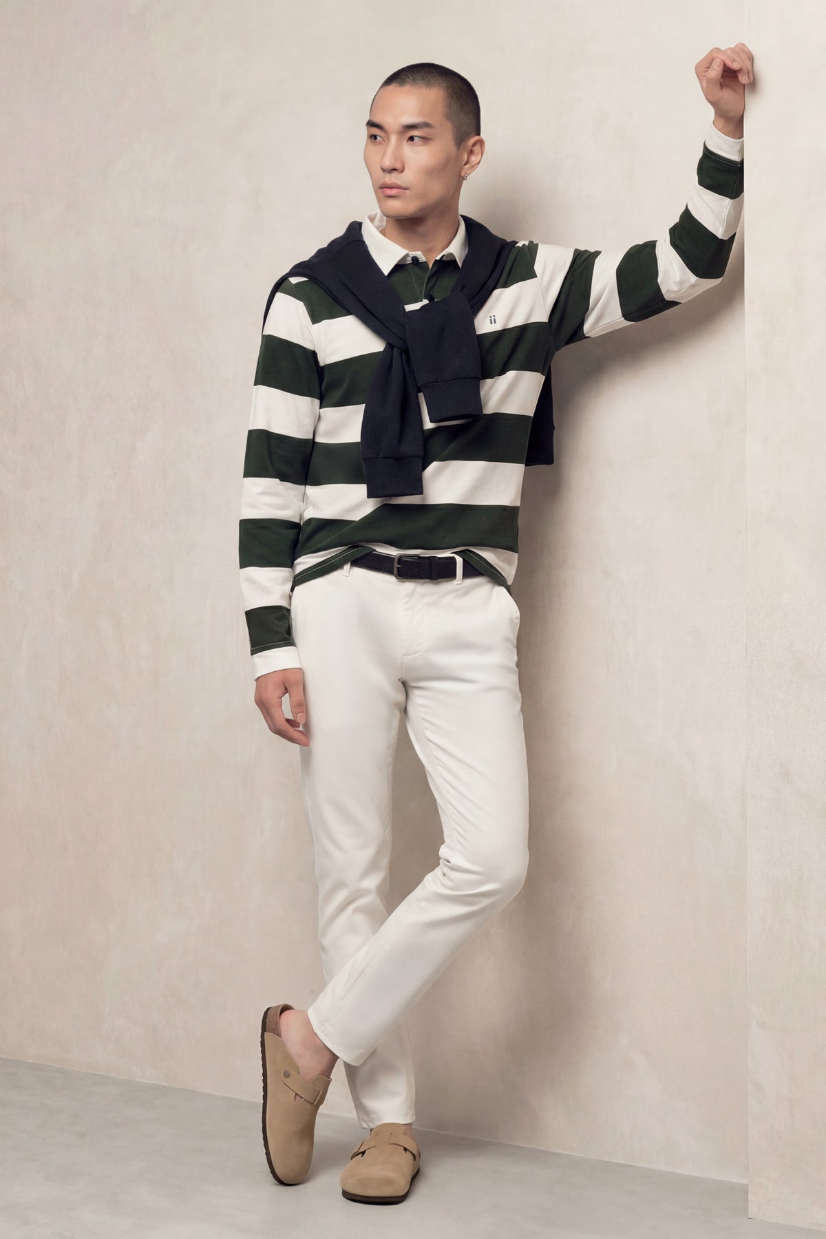 Polo manga larga hombre estampado rayas verde total look