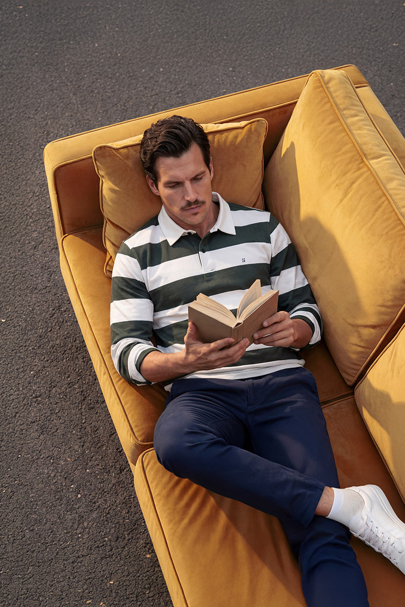 Polo manga larga hombre estampado rayas verde outfit inspo